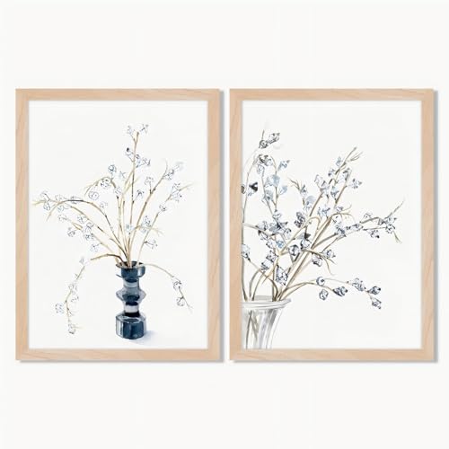 Framed Watercolor Floral Wall Art Canvas Print Minimalist Flower Painting with Solid Wood Frame & Acrylic Cover, Neutral Botanical Picture for Living Room Bedroom Modern Home Decor 12x16IN