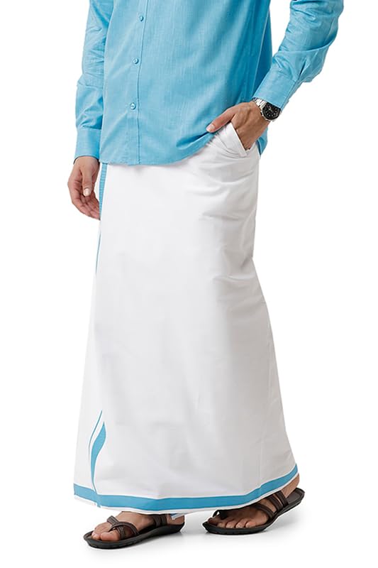 uathayam Varna Light Blue Cotton Solid Velcro Pocket Fancy Border Dhoti For Men-picture-23