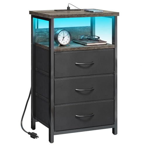 Image of Fixwal Night Stand with Charging Station, LED Nightstand with U-S-B Ports and Outlets, 3 Fabric Storage Drawers with PU Finish, Bed Side Table, Charcoal Gray
