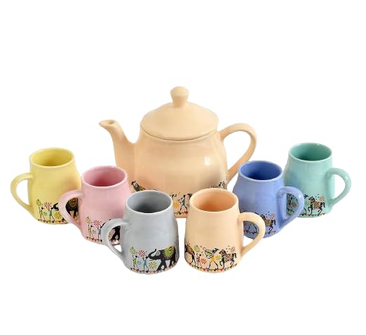 Ceramic Flask Kettle Tea Pot with 6 Cups Elephant Motif Multicolor Chai/Tea Cups Serving Tea and Coffee Mugs Set Best Gift for Friends, Anniversary, Birthday (Pack of 7)