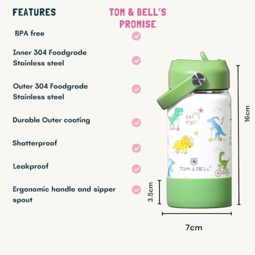 Image of TOM & BELL Insulated Water Bottle for Kids, Double Wall Stainless Steel Sipper Bottle with Silicon Bottom Sleeve, Hot and Cold, 350 ml (flower350)