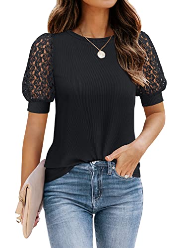 DOROSE Women's Puff Sleeve Tops Lace Casual Loose Summer Blouses T Shirt