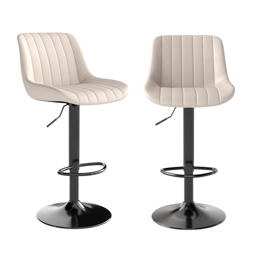 Image of Youhauchair Adjustable Faux Leather Bar Stools Set of 2, Beige | Swivel, Counter Height, Back & Footrest, Armless, PU, Modern, Kitchen Island Stool, Upholstered Dining Room Chair