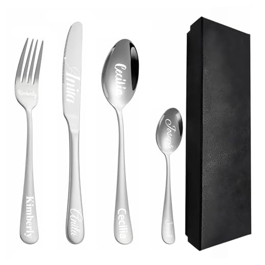 Kundenspezifisches graviertes Besteck-Set, 1 Set von 4 Stück, personalisiertes Besteck für Erwachsene, Gabel, Messer, Löffel und Teelöffel graviertes Edelstahl-Besteck-Set (Silber)