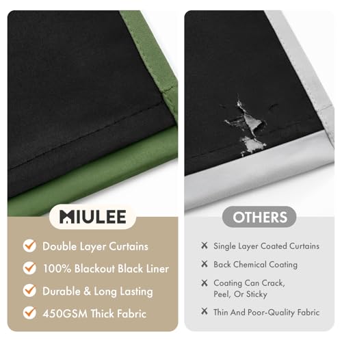 Image of MIULEE Olive Green 100% Blackout Curtains for Bedroom 90 Inch Long | 2 Thick Layers Thermal Insulated Window Curtains with Black Liner, Noise Reducing Grommet,Drapes for Living Room, 2 Panels