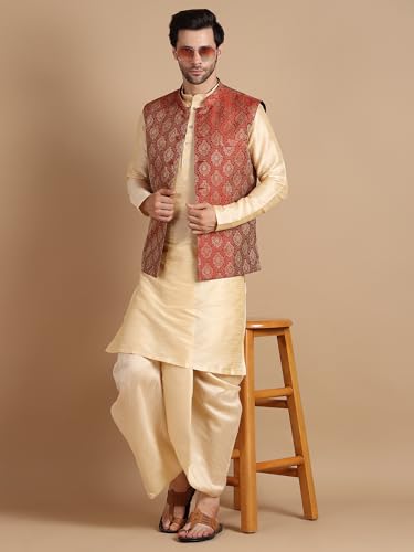 Image of Men's Silk Blend Solid Kurta Dhoti Set with Designer Ethnic Nehru Jacket