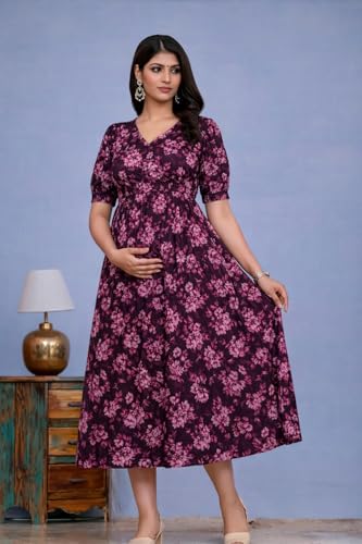 Image of Women's Maternity Feeding Dresses for Women, Easy Breastfeeding Dress, Cotton Blend Anarkali Dress with Nursing Zip for Pre & Post Pregnancy