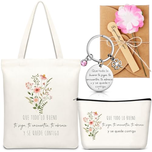 Xuniea Conjunto de 4 peças presente para amiga mulher incluir bolsa de lona de incentivo bolsa de cosméticos porta-chaves com cartões de felicitação com flores presentes de aniversário