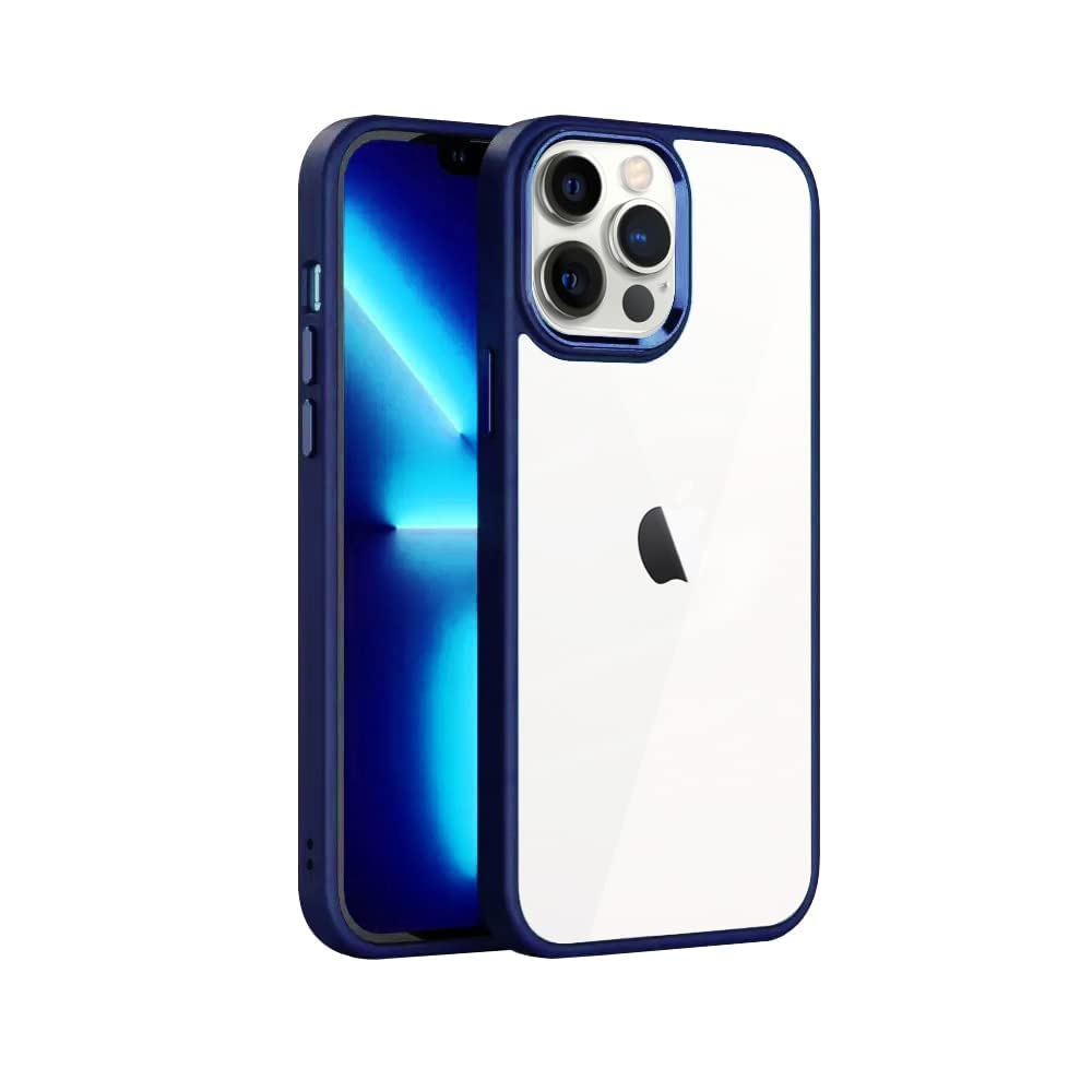 Techstudio Compatible with iPhone 14 Pro max Back Cover Metal Button | Crystal Clear | Shockproof | Anti Yellow (Deep Blue)