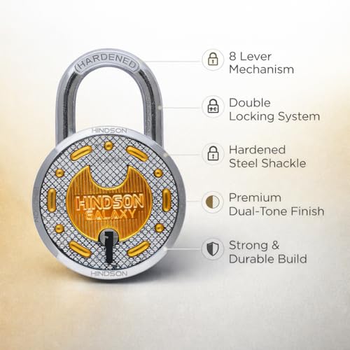 Image of HINDSON 3 Common Keys Galaxy Brass 65mm Round Padlock Pack of 2 with 3 Common Keys, Double Locking 8-Lever Security Lock, Heavy Metal Body for Gate, Door, Shutter, Home & Shop Use