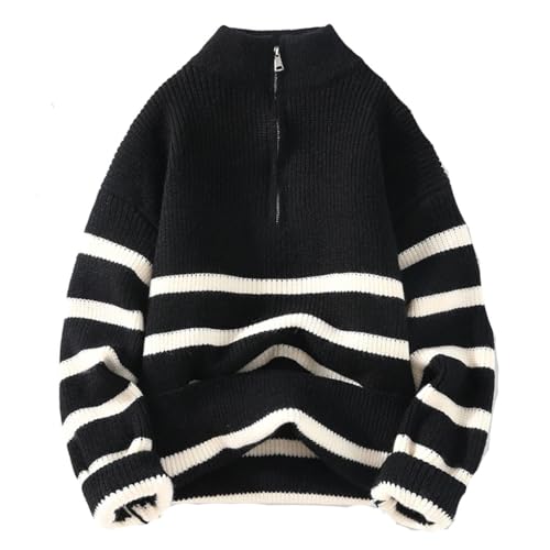 Men's Chic Handsome Zippers Sweater Warm Men Stripe Pattern Stand Collar Size Age Reduction Sweater