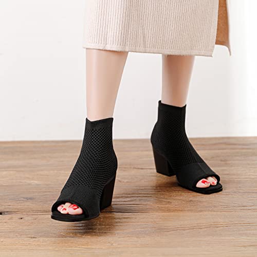 Zaynsia Women's Peep Toe Chunky Heel Ankle Boots Open Toe Knit Sock Booties Casual Slip On Ankle Boot Shoes #TOP4