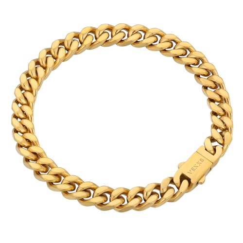 VEXXS Cuban Link Bracelet Flat Cut, 18K Real Gold Filled Stainless Steel Gold Bracelet, Durable No Color Fading 5mm 7mm Men’s Chain Bracelet Men’s Jewelry