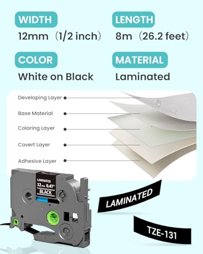 Image of 6-Pack Label Maker Tape 12mm 0.47 inch Black Tze-335 Replacement for Brother P Touch Label Tape TZe335 TZ-335, Compatible with Brother Ptouch PT-D210 PT-H110 PT-D220 PT-D400, White on Black