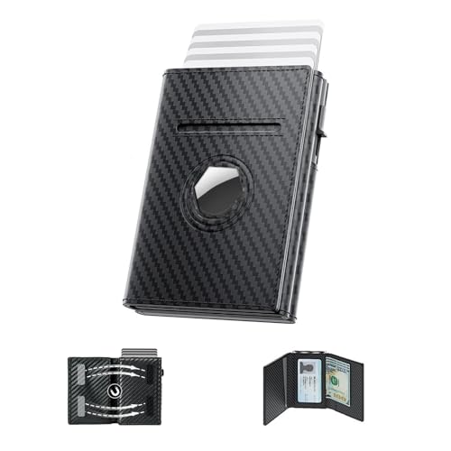 AirTag Wallet for Men,Smart Mens Minimalist Wallet Compatible with Apple Air Tag, RFID Blocking Pop Up Card Holder Wallet Holds 14 Cards with Cash Slot, ID Window, Gift for Men, Carbon Fiber Black