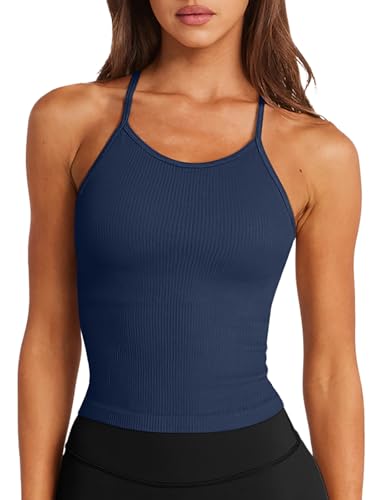 Image of LASLULU Womens Sports Bra Seamless Long Tank Spaghetti Strap Workout Bra