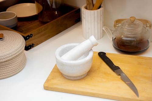 Image of Marble Mortar and Pestle | Imam Dasta, Kundi, Kharal, Okhli, khalbatta (White 5 Inches)