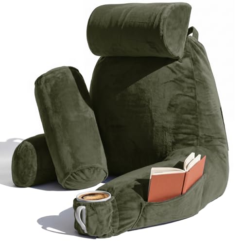 Image of Nestl Reading Pillow with Shredded Memory Foam Includes 2 Neck and Lumber Support Pillows, Designed for Sitting Up in Bed and Couch, Back and Arms Adjustable Support for Adult & Teens, Olive Green