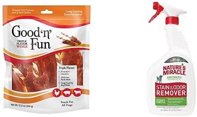 Bundle of Good'n'Fun - Masticables para perros con alas de triple sabor, 12 onzas + Nature's Miracle para perros eliminadores de manchas y olores,