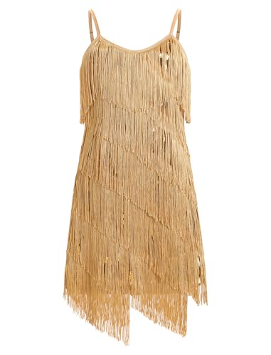 Kids 1920s Fapper Dress for Girls Latin Dance Dress Tiered Tassel Sequin Fringe Dresses for Girls Ballroom Dance Costumes Sleeveless Roaring 20s Gatsby Salsa Cha Cha Dancer Outfits Gold 10-11 Years