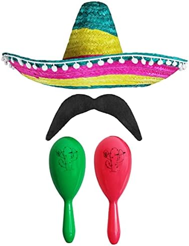 MEXICAN FANCY DRESS ACCESSORY SET - MEXICAN SOMBRERO WITH MARACAS AND TASH BLACK POM POM SOMBRERO + 2X GREEN MARACAS