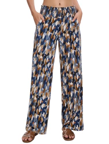 Women Casual Boho High Waist Stretch Lounge Pant Draped Straight Wide Leg Palazzo Trousers3