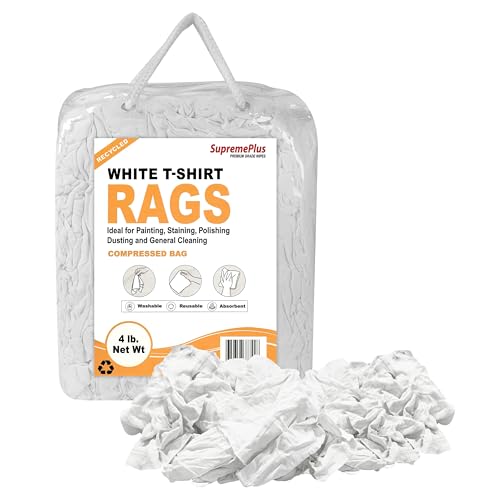 SupremePlus Recycled White T-Shirt Cleaning Rags – Shop Rags Bulk for Oil, Stain, Grease, Paint, and Auto Cleaning, Multipurpose (4 lbs. Bag)
