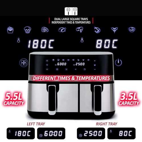 NETTA 9L Dual Basket Drawer Air Fryer with Digital Smart Programmes Double XL Family Size Small and Large Drawer - Black - Image 5