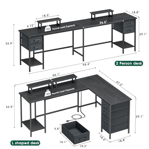 66" L Shaped Computer Desk, 94.4'' Home Office Desk with Power Outlets, 4 Adjustable Storage Drawers & 2 Monitor Stands, Large Two Person Gaming Table for Writing Study, Black