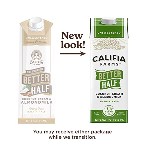 Califia Farms - Unsweetened Better Half, Half And Half Substitute, 32 Oz (Pack Of 6), Almond Milk, Coconut Cream, Coffee Creamer, Keto, Shelf Stable, Dairy Free, Plant Based, Vegan #TOP1