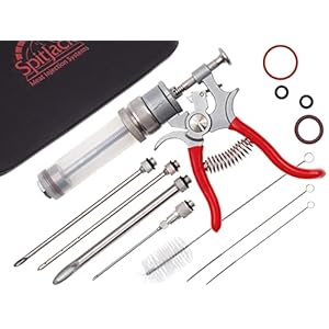 SpitJack Magnum Meat Injector Gun. Food Flavor Injection Syringe for Smoked BBQ Marinades and Meat Seasoning. 4 Needles for Pork Butt, Beef Brisket, Turkey Breast. Deluxe Hard Case. Made in The USA.
