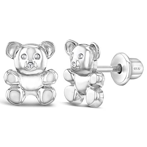 925 Sterling Silver Toddler Girls Cute Teddy Bear Screw Back Earrings, Safety Screw Back Locking for Children - Kids Bear Jewelry, Fun and Stylish Earrings