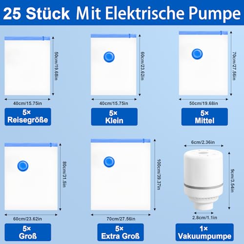 iPalamila Vakuumbeutel für Kleidung & Bettdecken – 25 Stück Set mit Elektrischer Luftpumpe, inkl. 5 Reise Handrollbeutel (40×50cm), 20 Vacuum Bags for Clothing, für Kleidung Reise, Decken & Kissen