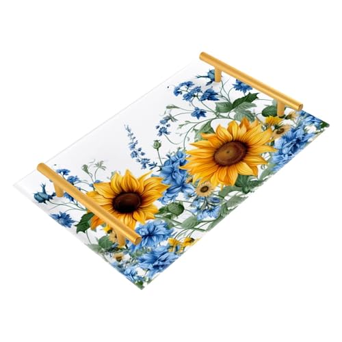 Wassud Bathroom Vanity Tray with Handles Sunflowers and Bluebells (3) Acrylic Jewelry Perfume Organizer for Bathroom Kitchen Counter 11.81