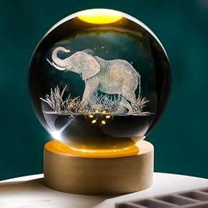 3D Elephant Crystal Ball Lamp Gifts, Crystal Elephant Night Light Decoration with Wooden Base, Laser Engraved Elephant Glass Sphere Figurine Collectibles