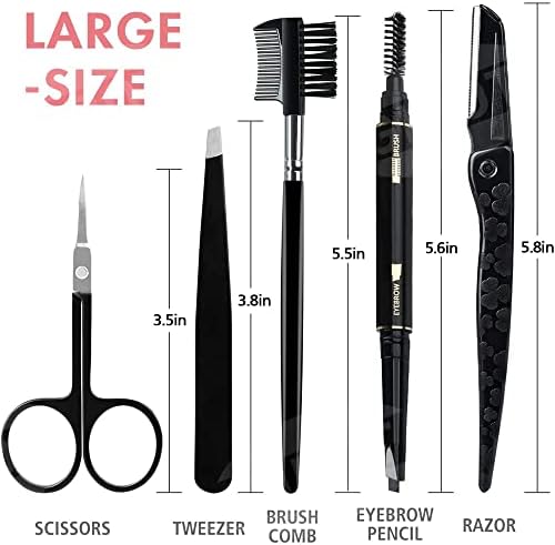 Gibot Eyebrow Set, 5pcs Stainless Steel Eyebrow Grooming Kit with Tweezers, Scissors, Eyebrow Brush Comb, Eyebrow Pencil, Razor and Travel Case for Women and Men, Black