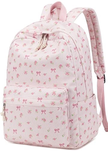 Mochila escolar para adolescentes, grande, de veludo cotelê, leve, para meninas, meninos, casual, colegial, faculdade, mochila, Laço rosa floral - 1, Medium, Mochilas Daypack