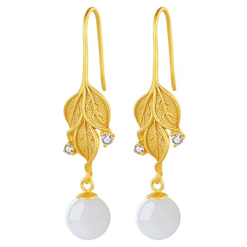 Boucles d'oreilles en forme de feuille de jade blanc hétien naturel style rétro pour femme Cover