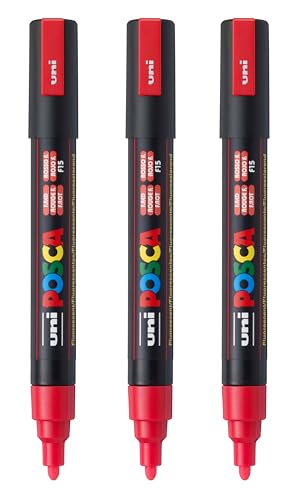 Image of posca PC-5M Water-Based Paint Markers, Reversible Medium Tip (1.8-2.5mm), Fluorescent Red, 3 Count