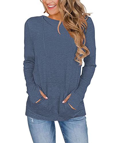 AUSELILY Long Sleeve Hoddie Sweatshirt With Pockets Cowl Neck Hoodie Women L Blue