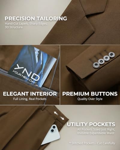 Image of YND Men's 3 Piece Suit with Tie, Solid Color Slim Fit Jacket Vest and Pants