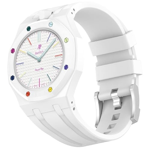 Image of MGUEIAO Silicone Strap Compatible with Swatch Royal Pop Lépine, Soft Sport Adjustable Replacement Watch Band, Crown at the 12 o'clock position - White