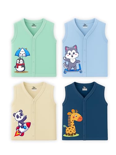 Image of Kidbee Baby Cotton Sleeveless Front Open Jabla - Pack of 4 | Soft V-Neck Button Tops for Newborn & Infant
