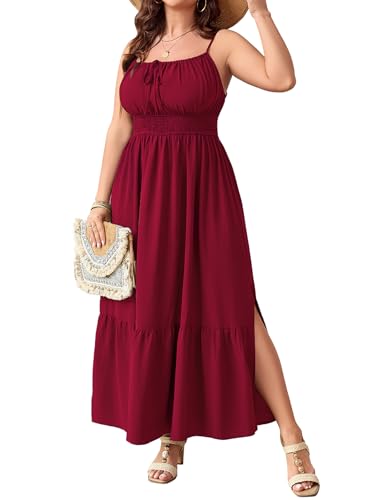 Image of SCOMCHIC Plus Size Summer Boho Dresses Spaghetti Strap Sleeveless Casual Sundress Smocked Flowy Slit Beach Maxi Dress