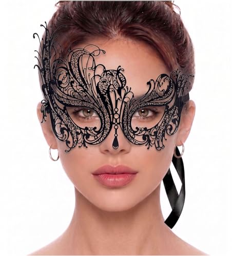 Image of Metal Filigree Masquerade Mask for Women - Swan Style Mask with Rhinestones for Mardi Gras, Prom, Halloween & Venetian Party