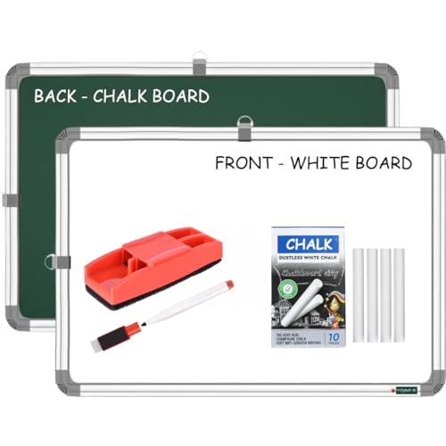 Image of 2 in 1 Learn N Write 1x1.5 Feet Slate for Kids | with Duster, Marker & 10 Pcs Chalk | Double Sided Front for Chalk & Reverse Dry Erase Marker Board with PVC Corners (41x30 cms)-(Green,White)