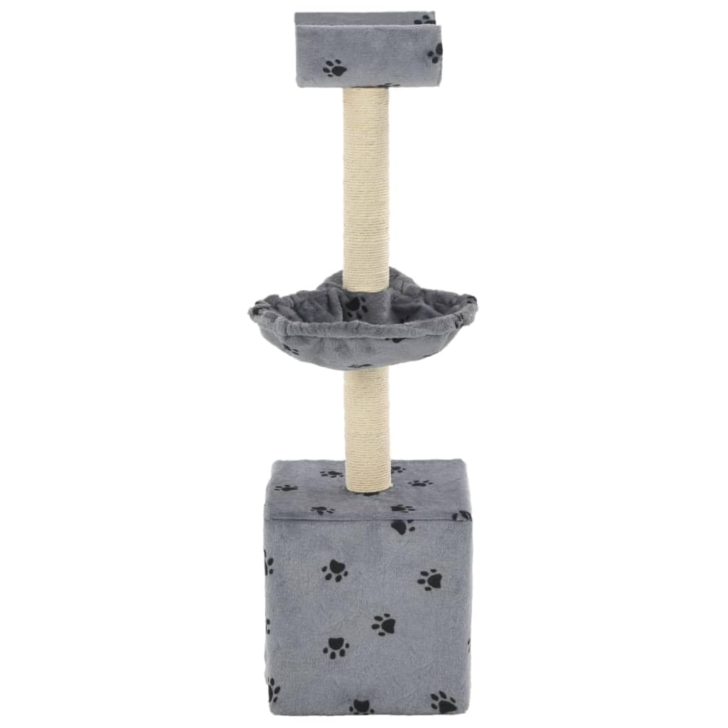 Rascador para gatos con huellas de color gris, columnas y cestas de sisal, 105 cm de alto con acogedoras casas