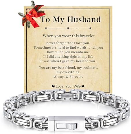 to My Son/Man/Husband Bracelet: 6.2mm Width Christmas Link Chain Bracele'ts Gifts,Stainless Men's Byzantine Handchain Jewelry,Holiday Stocking Stuffer Present for Boy,Him,Boyfriend,Gift Card&Box