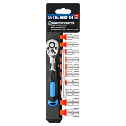 Jeu de 12 douilles métriques avec entraînement 1/4, poignée à cliquet réversible 90 dents, douilles plates 6 points (4-13 mm) et tige d'extension de 4 pouces, acier CR-V