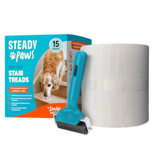 Steady Paws Anti-Slip Stair Treads – Clear Adhesive Stair Strips for Dogs, Non-Slip Traction Pads for Pet & Senior Safety, Easy to Apply & Remove – 15 Pack (15, 30” x 6”)